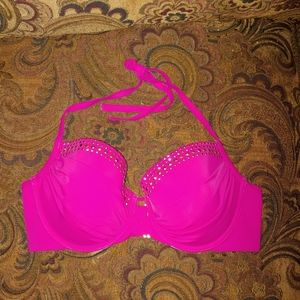 Victoria's Secret Hot Pink Bikini Pushup Halter Top with Gold Rhinestones